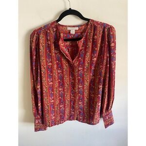 Audriana Vintage 80s Red Floral Striped Puff Sleeve Blouse Hong Kong Size 12
